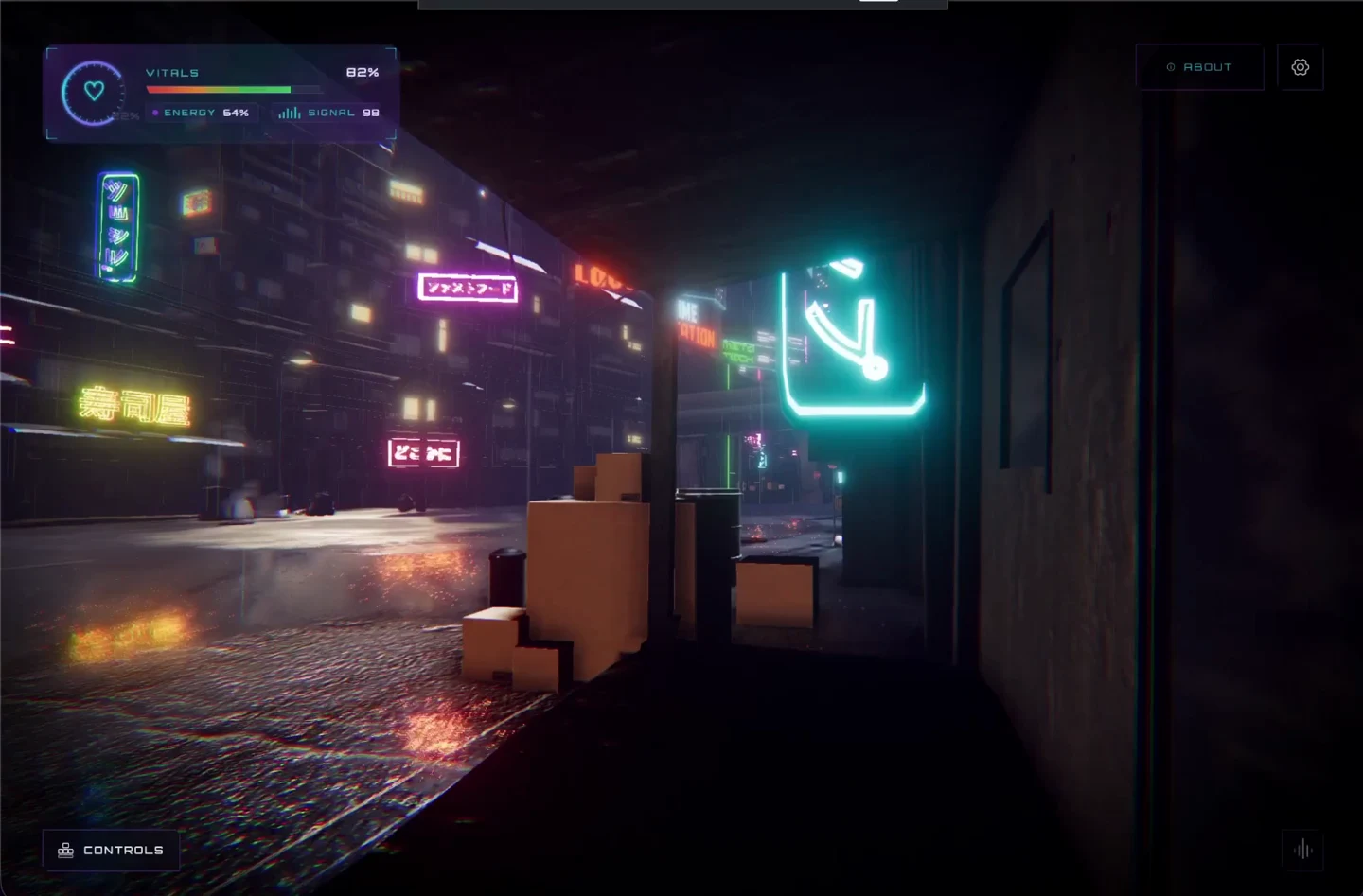 Neon signs and their reflections in the rain-soaked Threejs-Punk street.