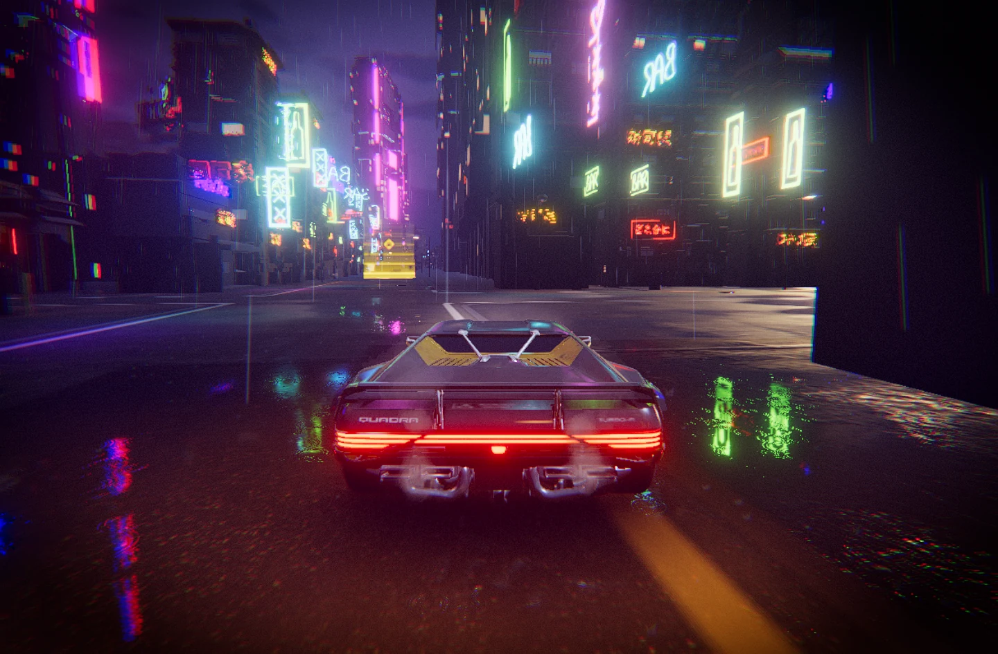 The Quadra Turbo-R on a rain-soaked neon street in Anderson Mancini and Sunag’s original Threejs-Punk Drive.