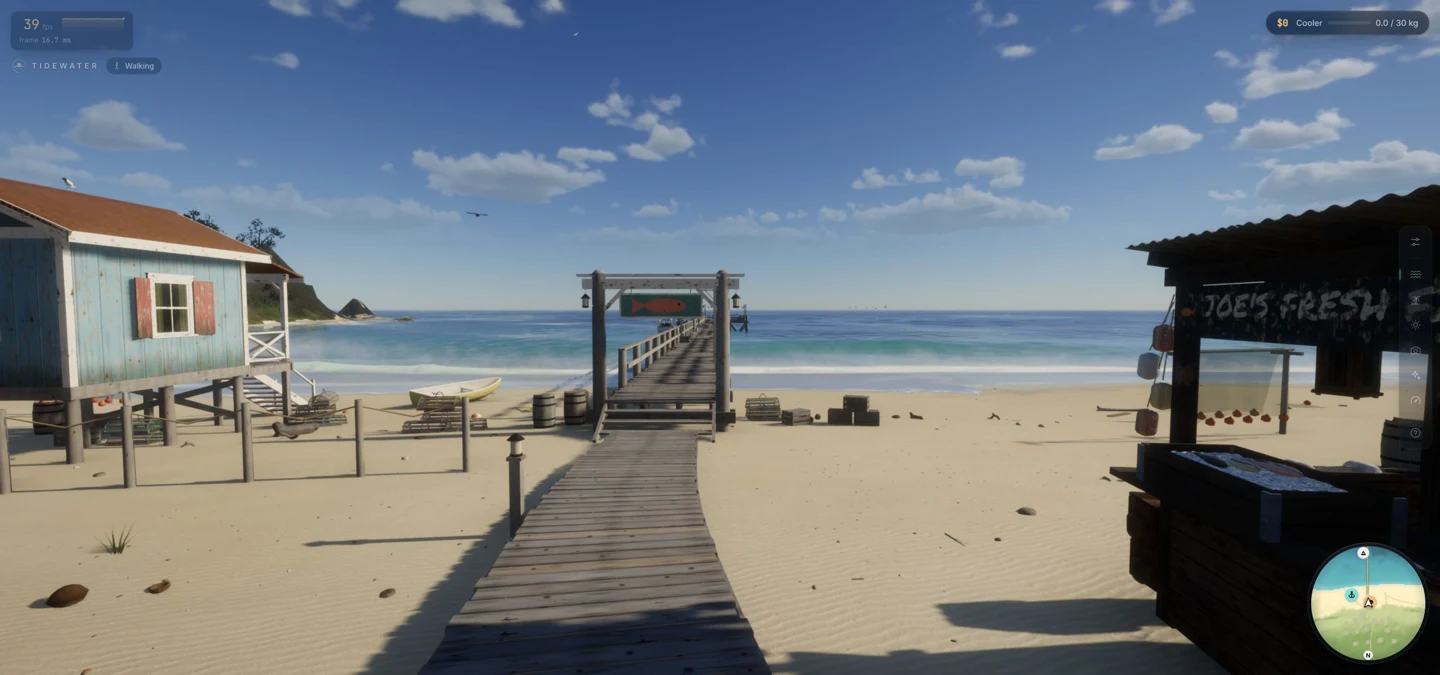 Tidewater's weathered blue fishing hut, wooden pier and sea.