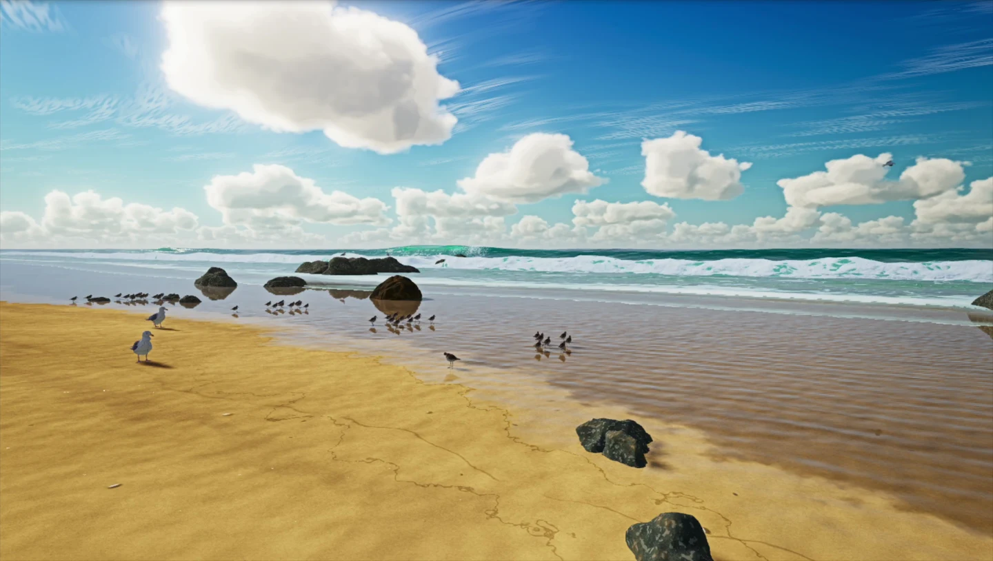 A flock of small shorebirds and two gulls stand along the wet sandy shoreline.