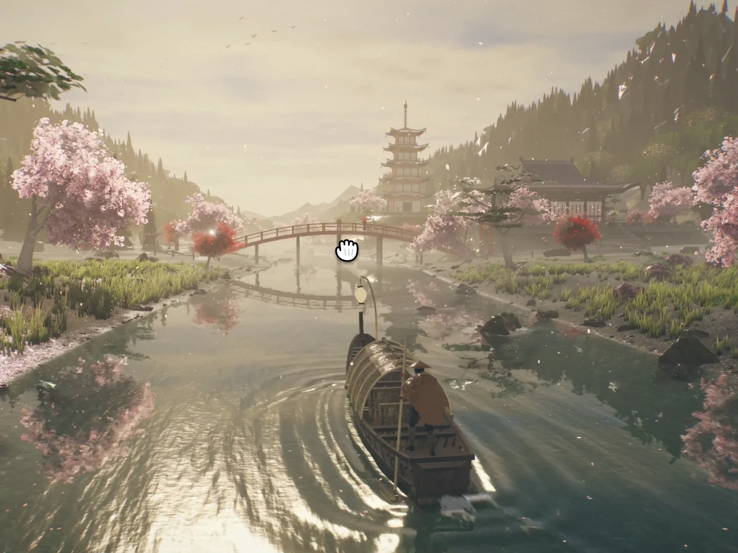 A boat approaches a red bridge and pagoda in a Japanese valley full of cherry blossoms.